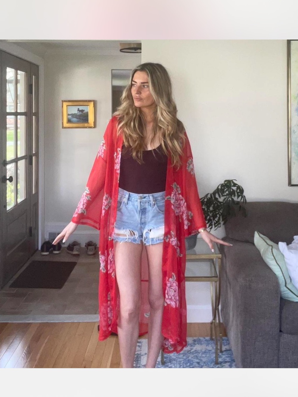 Red Floral Sheer Kimono